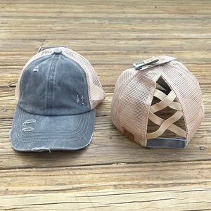C.C Charcoal Distressed Criss Cross Pony Cap